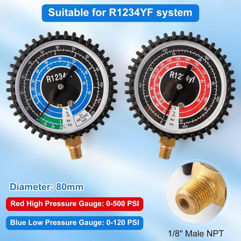 Tigbear R1234YF Refrigeration Pressure Gauge, High and Low Manifold Gauge Kit with 1/8" Male NPT Lower Mount, 500 PSI, 80mm R1234YF Air Conditioning Refrigerant Recharge Pressure Gauge - Image 3